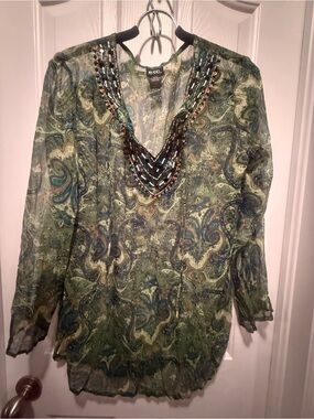 Etcetera Green Paisley Beaded V-Neck Tunic
